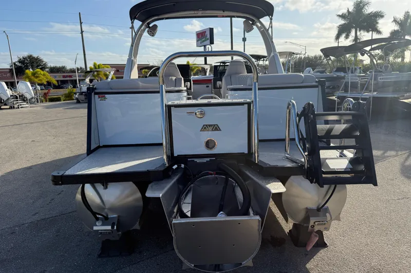 Slide: The Image of 2026 Avalon 2585 Catalina Windshield Quad Lounger with Mercury 400hp V-10 motor, rear view. - 8