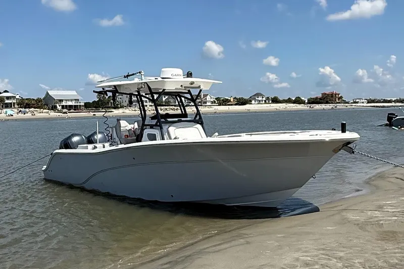 The Image of 2021 Sea Fox 288 Commander boat anchored on sandy shore, with coastal houses in background. - 0