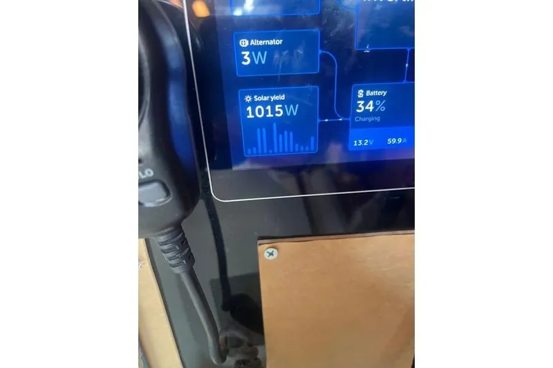 Slide: The Image of Green 1989 Hylas 44 sailboat on stands, clear sky background. - 16