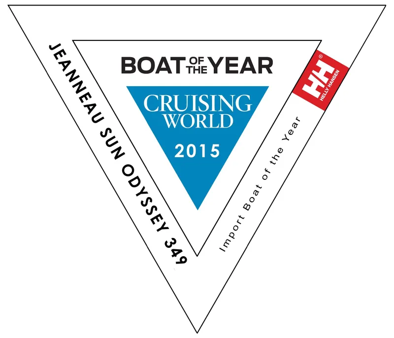 Slide: The Image of Jeanneau Sun Odyssey 349, 2022, Cruising World 2015 Boat of the Year award logo. - 22