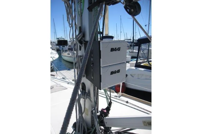 Slide: The Image of B&G equipment on Jeanneau Sun Odyssey 349 sailboat, 2021 model, docked at marina. - 49
