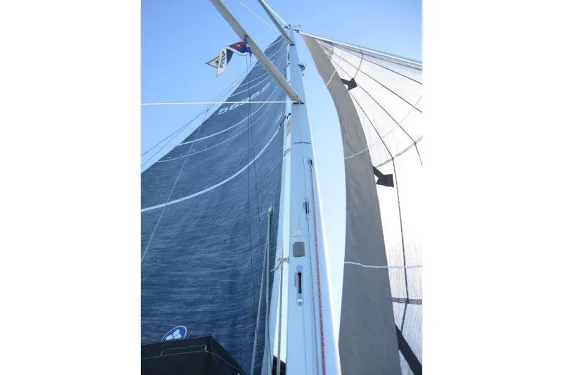 Slide: The Image of Sails of a 2021 Jeanneau Sun Odyssey 349 yacht against a clear blue sky. - 56