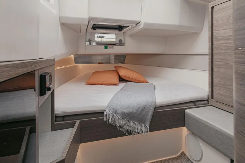 Slide: The Image of Luxurious cabin interior of 2025 Saxdor 400 GTO with cozy bedding and modern design. - 14
