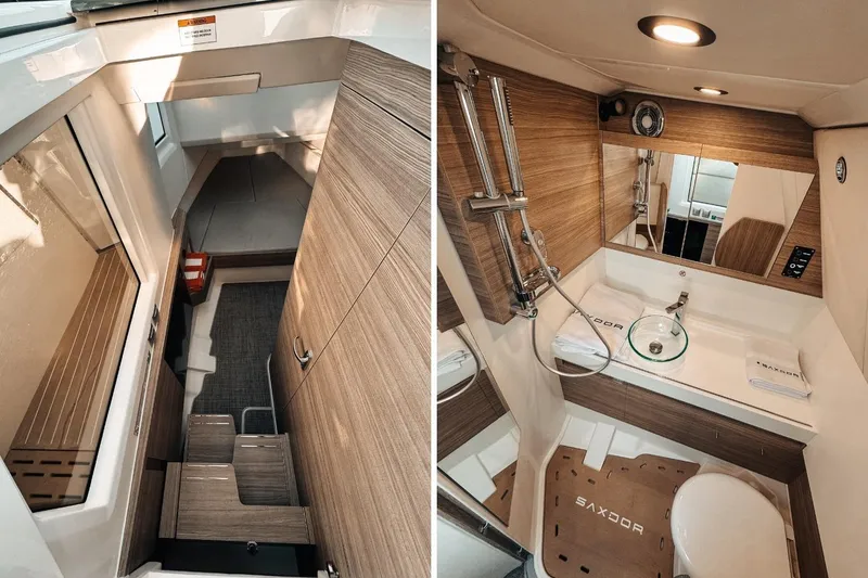 Slide: The Image of Interior of 2025 Saxdor 400 GTO yacht, featuring modern cabin and bathroom design. - 15