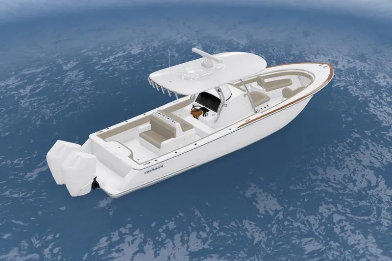 Slide: The Image of 2025 Valhalla Boatworks V-33 on open water, showcasing sleek design and twin engines. - 3