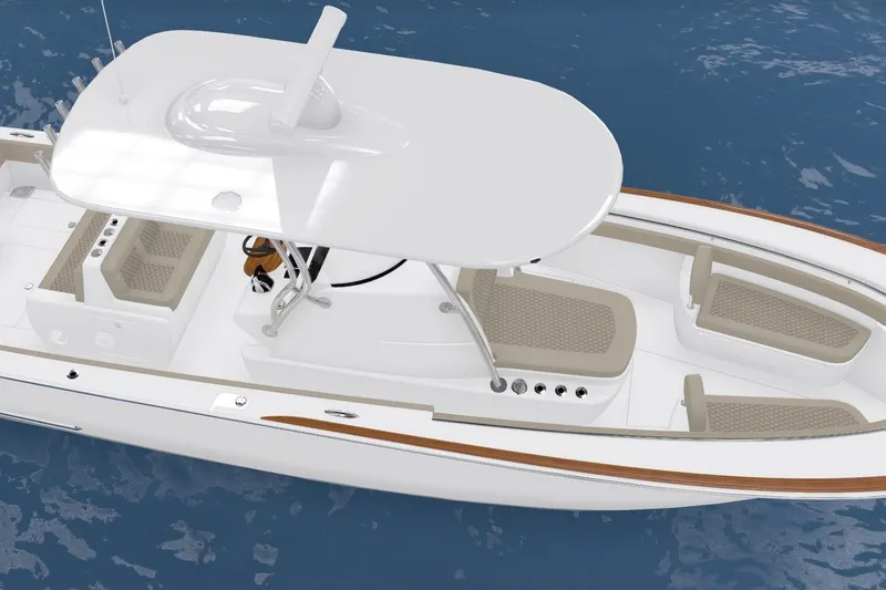 Slide: The Image of 2025 Valhalla Boatworks V-33, sleek design, spacious seating, on calm blue water. - 6