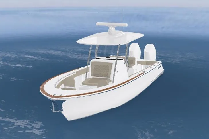 Slide: The Image of 2025 Valhalla Boatworks V-33 on open water, showcasing sleek design and twin engines. - 7