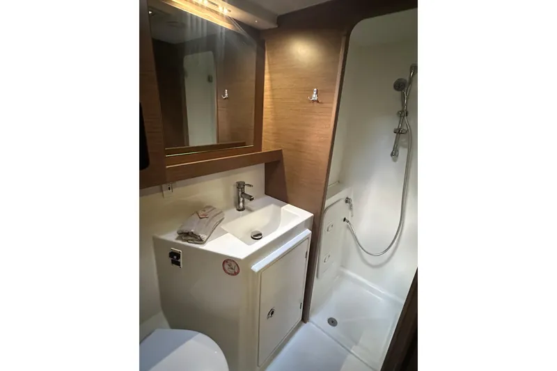Slide: The Image of Bathroom interior of 2019 Lagoon 42 yacht with shower and sink. - 49