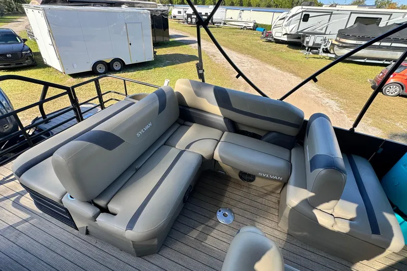 Slide: The Image of Luxurious seating on 2023 Sylvan L5 CLZ pontoon boat, showcasing spacious and comfortable design. - 2