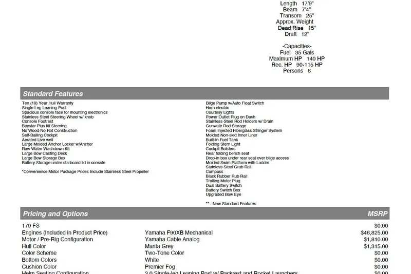 Slide: The Image of 2026 Key West 179 FS boat specifications and pricing details, featuring standard features and options. - 12