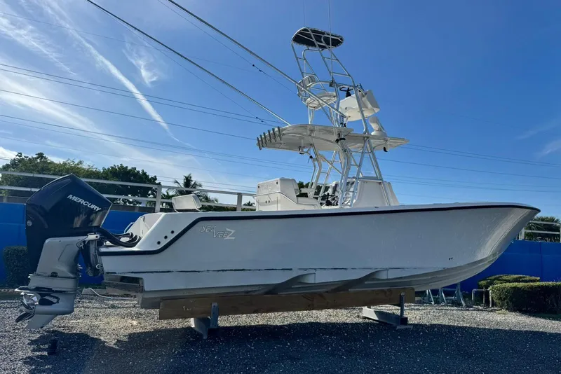 The Image of 2022 SeaVee 340Z boat with Mercury outboard engine, displayed outdoors. - 1