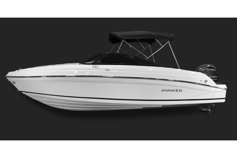 Slide: The Image of 2019 Rinker Q3 OB boat with black canopy and sleek white hull. - 15