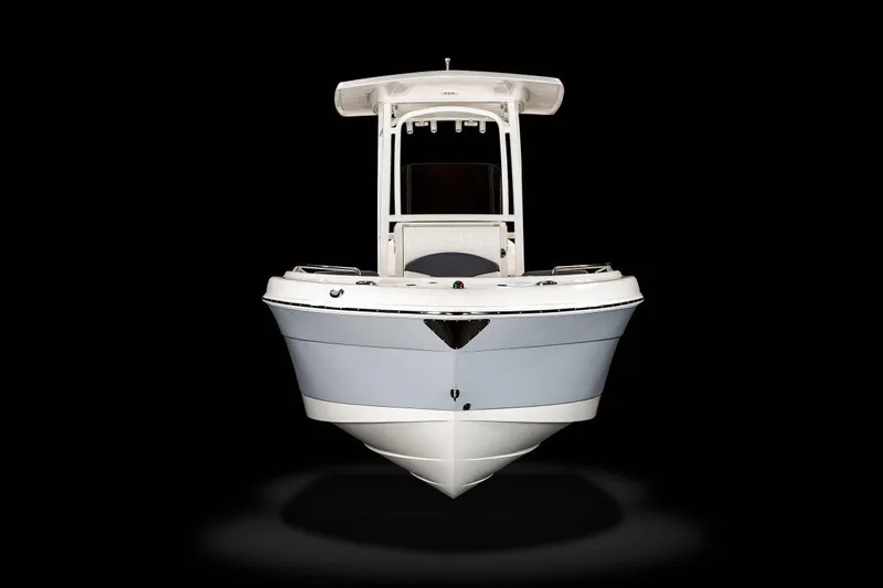 Slide: The Image of Manufacturer Provided Image: 2025 Robalo R222 Explorer boat, front view, sleek design on black background. - 16