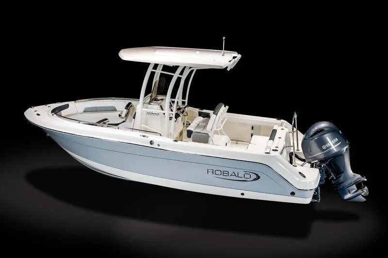 Slide: The Image of Manufacturer Provided Image: 2025 Robalo R222 Explorer boat with outboard motor on black background. - 19