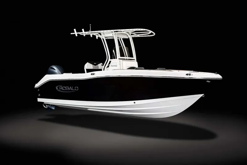 Slide: The Image of Manufacturer Provided Image: 2025 Robalo R202 Explorer boat with sleek black and white design on a dark background. - 5