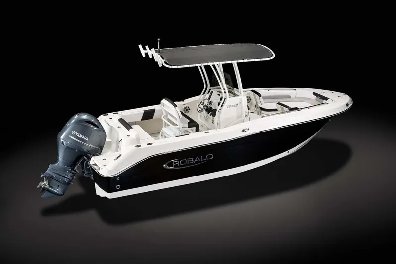Slide: The Image of Manufacturer Provided Image: 2025 Robalo R202 Explorer boat with Yamaha outboard engine, side view. - 6