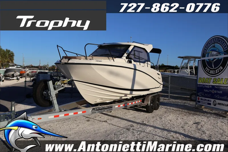 Slide: The Image of 2026 Bayliner Trophy T23 Explorer boat on trailer at Antonietti Marine sales. - 3