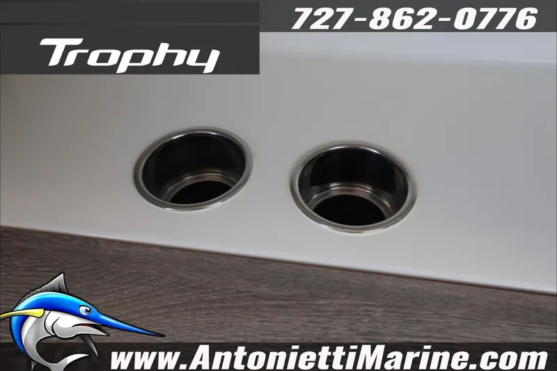 Slide: The Image of 2026 Bayliner Trophy T23 Explorer cup holders, Antonietti Marine branding, contact number displayed. - 43