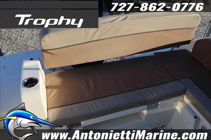 Slide: The Image of 2026 Bayliner Trophy T23 Explorer boat seating with contact details and logo. - 9