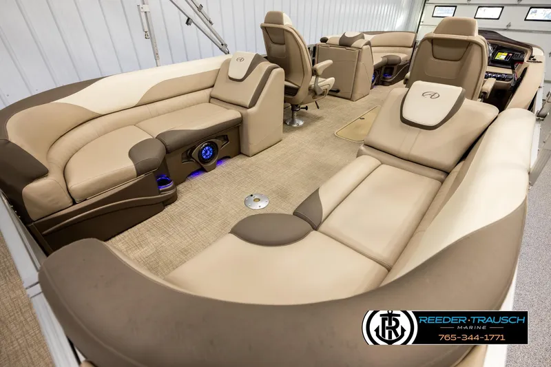 Slide: The Image of Luxurious interior of 2022 Avalon LSZ QL pontoon boat with plush seating and modern design. - 12