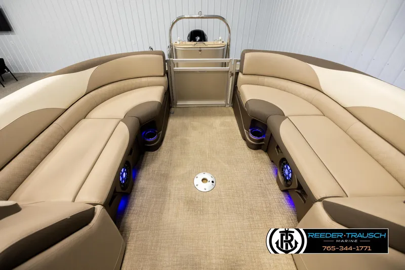 Slide: The Image of Luxurious 2022 Avalon LSZ QL pontoon boat interior with plush seating and ambient lighting. - 15