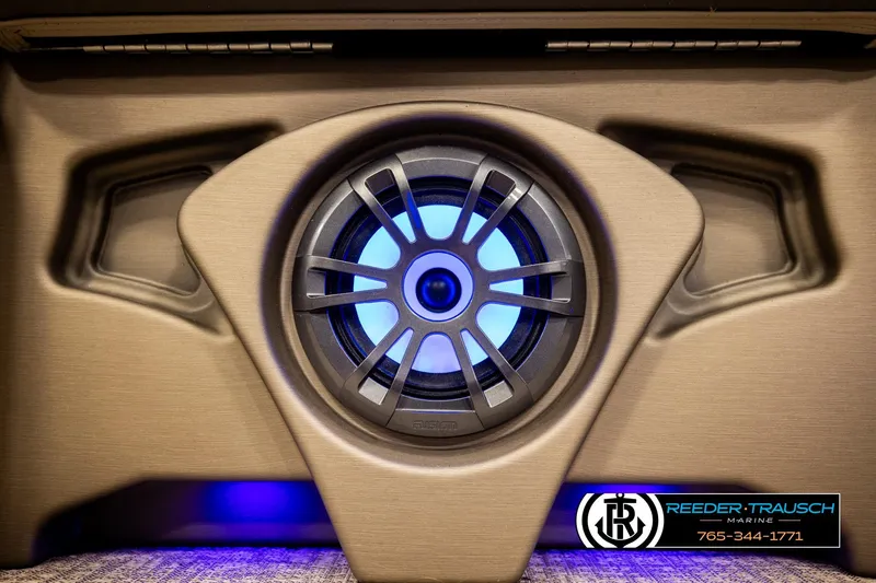 Slide: The Image of Illuminated speaker in 2022 Avalon LSZ QL boat interior, Reeder-Trausch Marine branding. - 39