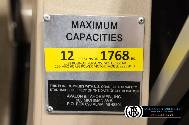 Slide: The Image of 2022 Avalon LSZ QL boat capacity plate: 12 persons, 1768 lbs, 200 HP max. - 58