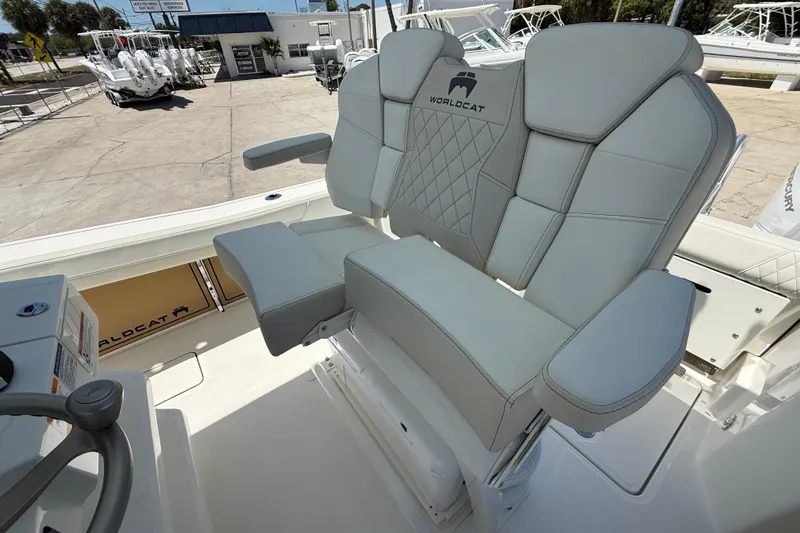 Slide: The Image of Luxury seating on 2026 World Cat 265 CC-X boat, featuring premium upholstery and ergonomic design. - 15