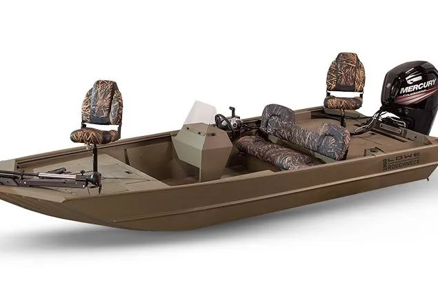 Slide: The Image of 2017 Lowe Roughneck 1860SC boat with camo seats and Mercury outboard motor. - 10