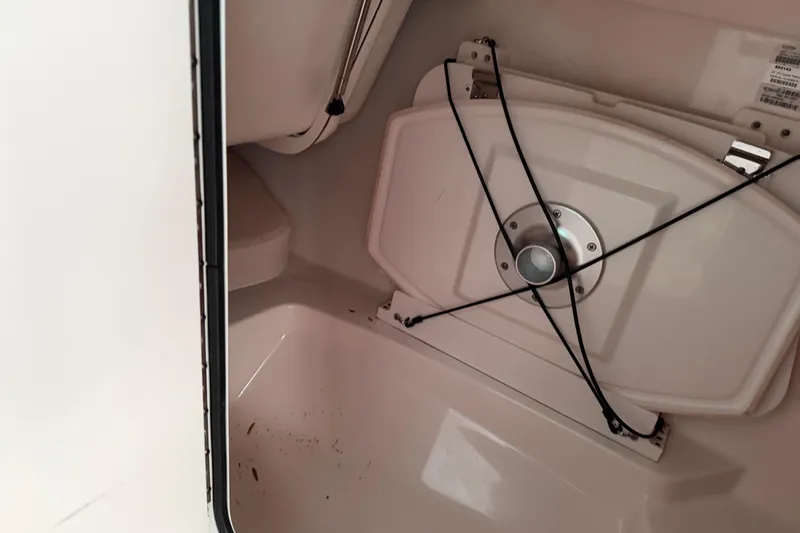 Slide: The Image of Storage compartment inside 2016 Boston Whaler 270 Vantage boat, featuring secure hatch and bungee cords. - 19