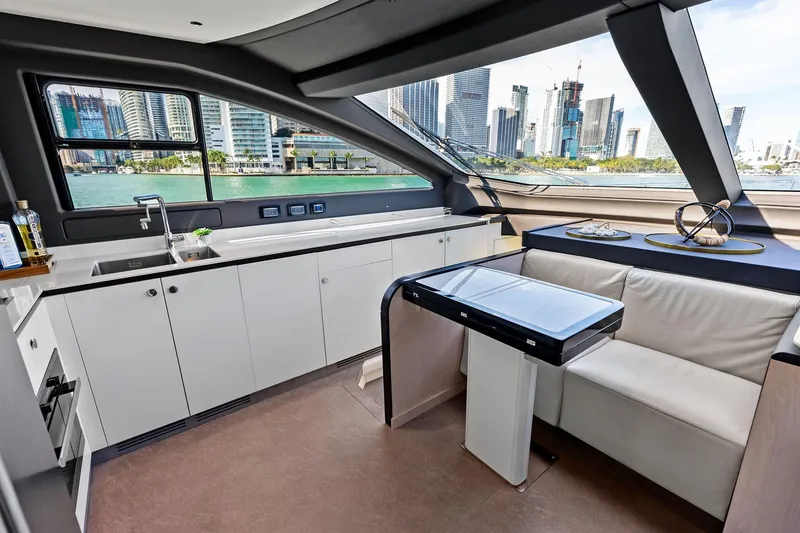 Slide: The Image of Luxurious interior of 2021 Azimut Fly 78 yacht with city skyline view. - 71