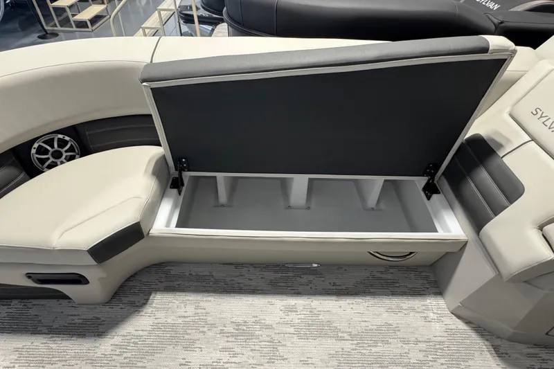 Slide: The Image of 2026 Sylvan G5 CLZ boat interior with open storage compartment and speaker. - 12