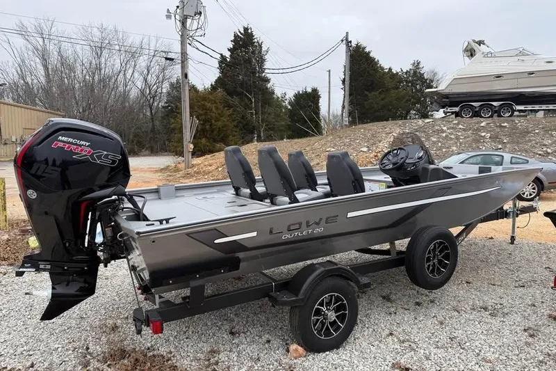Slide: The Image of 2026 Lowe Outlet 20 boat with Mercury Pro XS engine on trailer. - 4