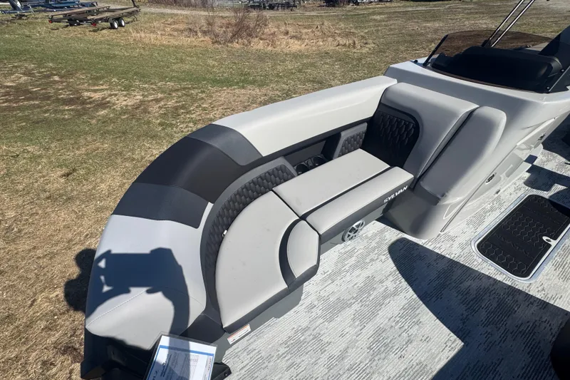 Slide: The Image of 2026 Sylvan L3 DLZ boat interior with modern seating and sleek design. - 10