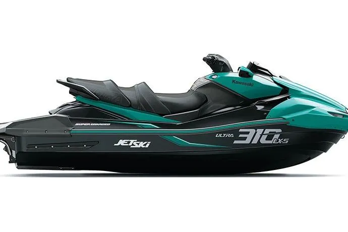 Slide: The Image of 2026 Kawasaki Jetski Ultra 310LX-S, sleek design, teal and black color scheme. - 2