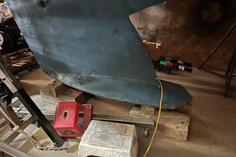 Slide: The Image of Tartan 3700 Sloop 2001 keel in workshop, supported by blocks and stools. - 17