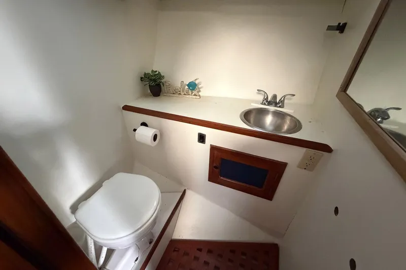Slide: The Image of Compact bathroom in 1984 Golden Star 38 Trawler with sink, toilet, and decor. - 43