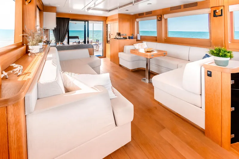 Slide: The Image of Luxurious interior of 2023 Sirena 58 yacht with elegant seating and ocean view. - 18