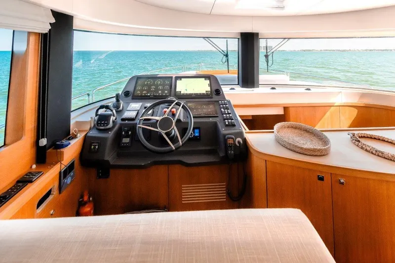 Slide: The Image of 2023 Sirena 58 yacht helm with ocean view, featuring modern navigation equipment. - 20