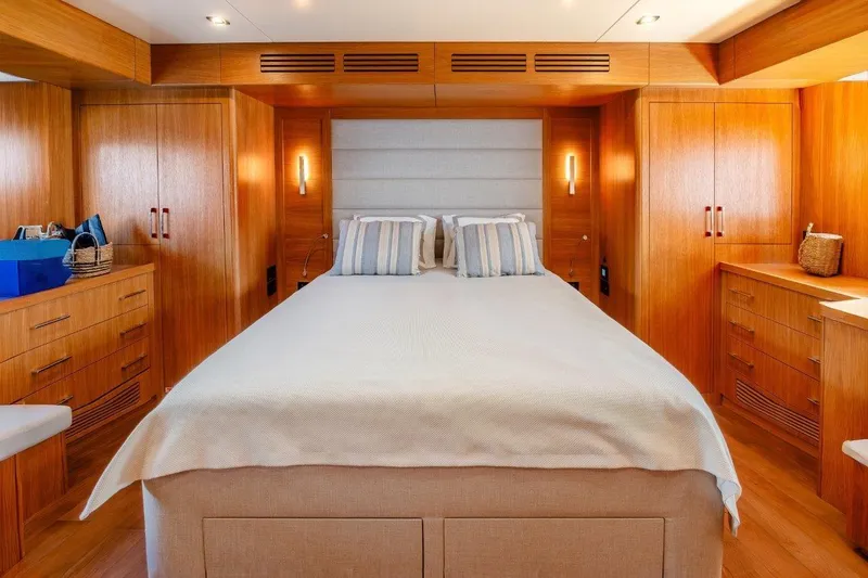 Slide: The Image of Luxurious 2023 Sirena 58 yacht bedroom with elegant wood finish and modern decor. - 23