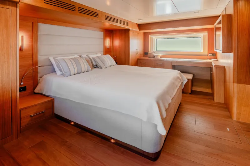Slide: The Image of Luxurious 2023 Sirena 58 yacht bedroom with elegant wood finishes and modern design. - 24