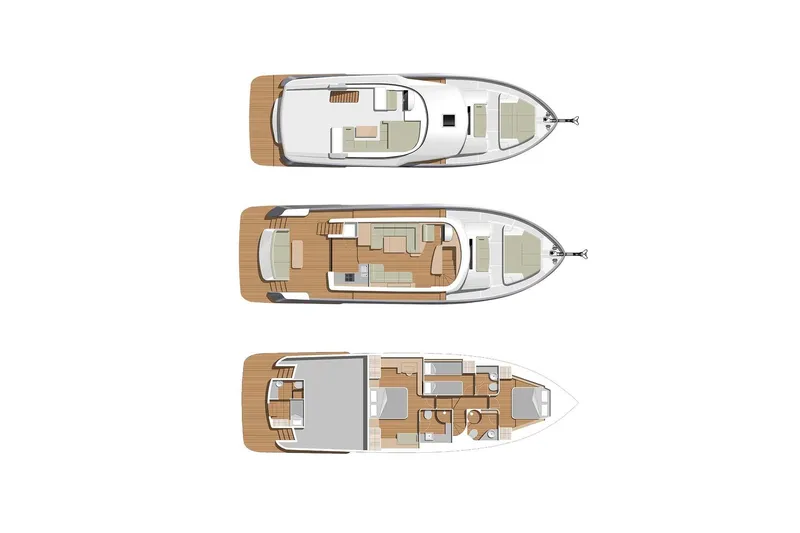 Slide: The Image of Floor plan of 2023 Sirena 58 yacht, showcasing three levels with detailed layouts. - 33