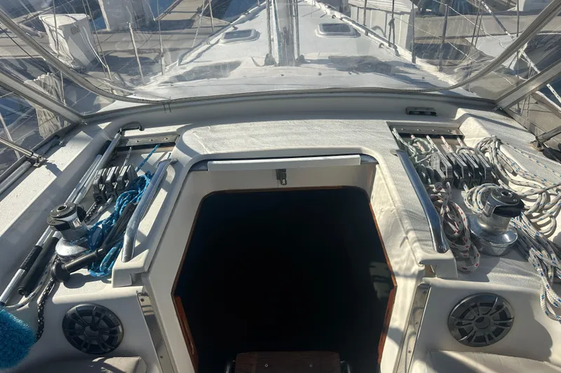Slide: The Image of Cockpit view of 1994 Catalina Morgan 38 sailboat with winches and ropes. - 7