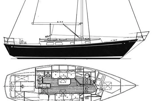 Slide: The Image of Blueprint of 1985 Niagara sailboat, side and top views, showcasing design and layout. - 32