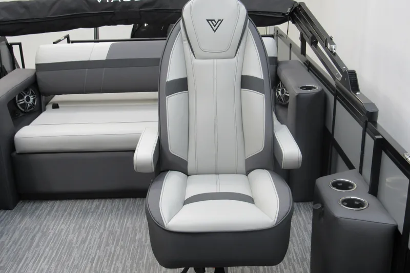 Slide: The Image of 2026 Viaggio Lago X22S boat interior with modern seating and cup holders. - 10
