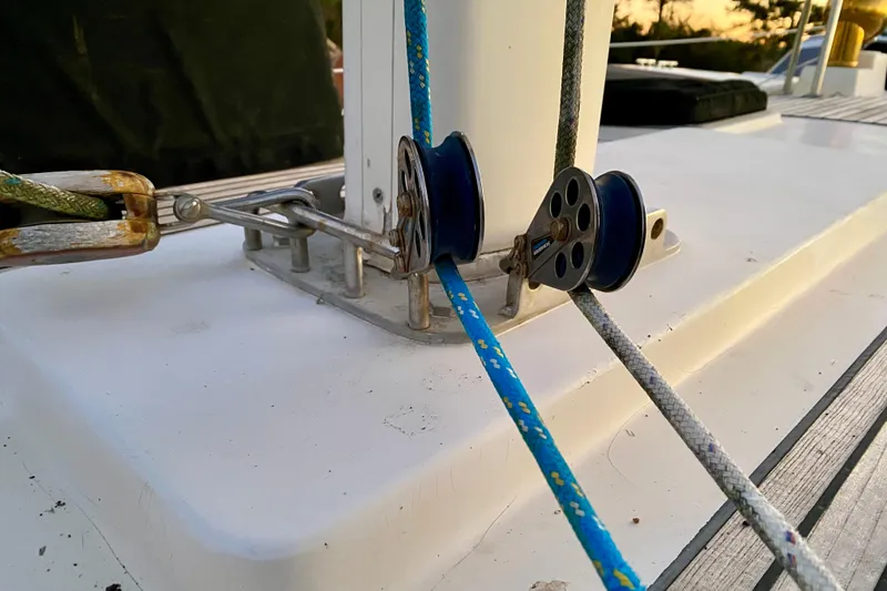 Slide: The Image of Close-up of rigging on a 1991 Hans Christian 41 T Molakai sailboat deck. - 101