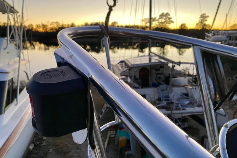 Slide: The Image of Close-up of Hans Christian 41 T Molakai yacht railing at sunset, 1991 model. - 111