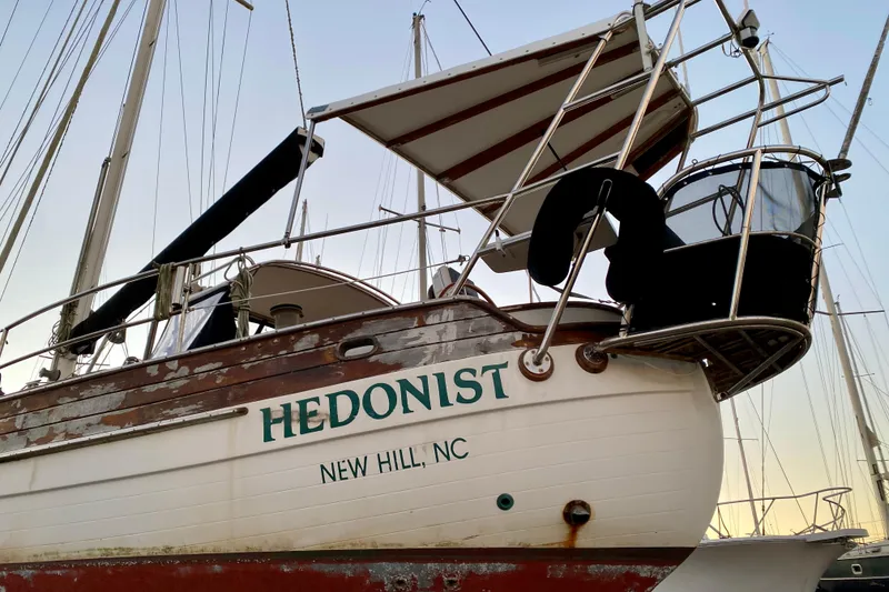 Slide: The Image of Sailboat "Hedonist" docked, Hans Christian 41 T Molakai, 1991, New Hill, NC. - 3