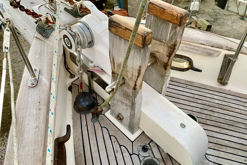 Slide: The Image of Deck of 1991 Hans Christian 41 T Molakai sailboat with winch and wooden details. - 30