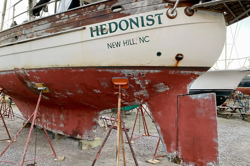 Slide: The Image of Sailboat "Hedonist" in dry dock, Hans Christian 41 T Molakai, 1991 model, New Hill, NC. - 4